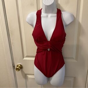 Chic Red One-Piece Swimsuit with Plunging V-Neck